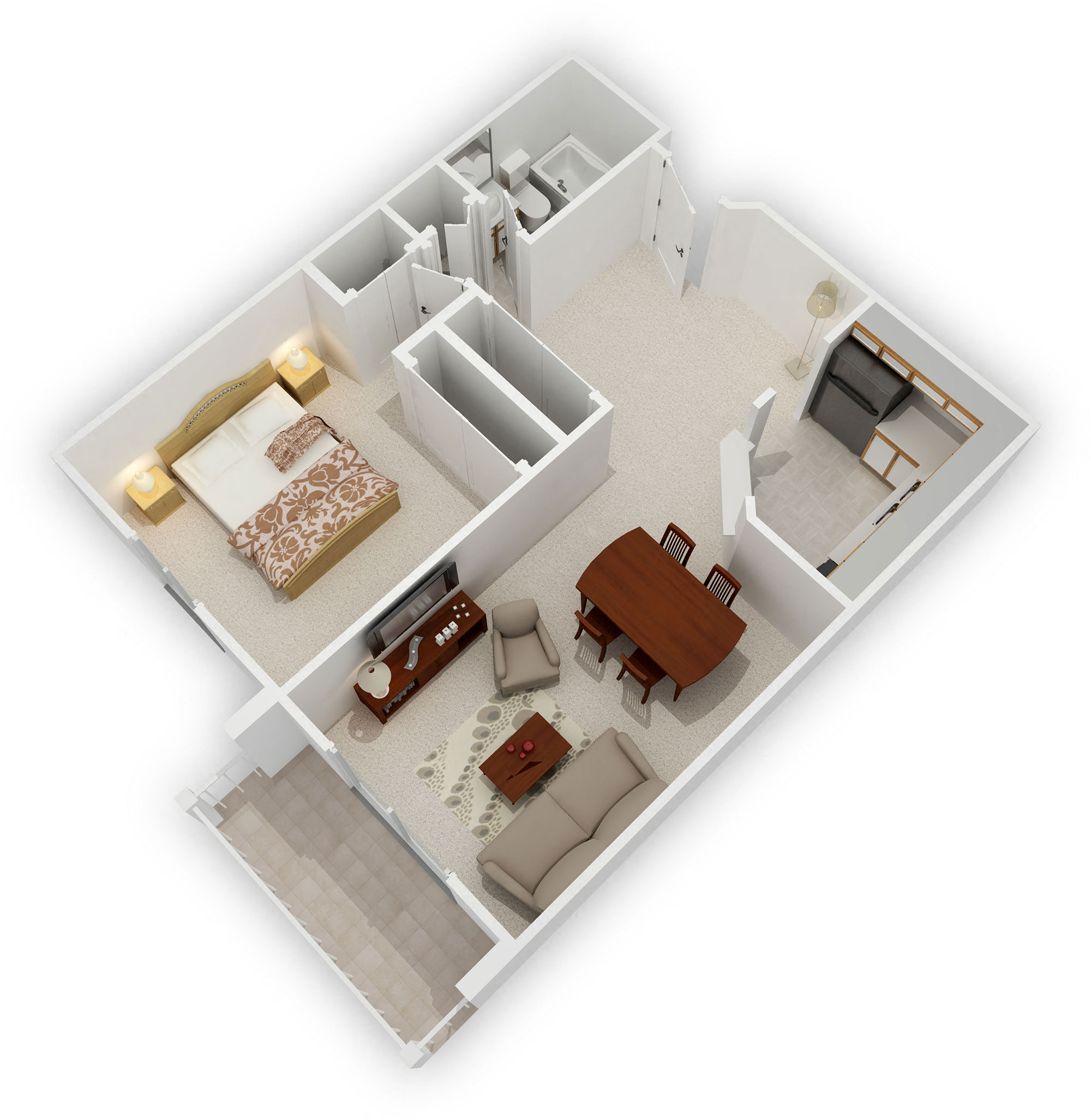 Floor plan for 1 bed, 1 bath, 885 sqft